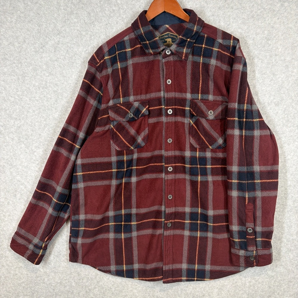 Freedom Foundry Men's XXL Fleece Lined Flannel Maroon Grey Plaid Button Shirt